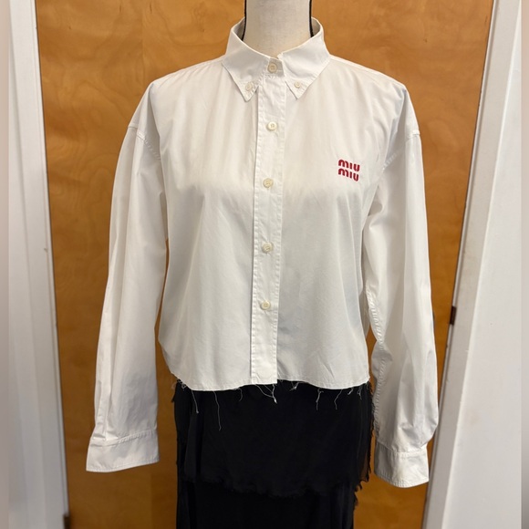 Miu Miu Embroidered White Cotton Cropped Poplin Shirt